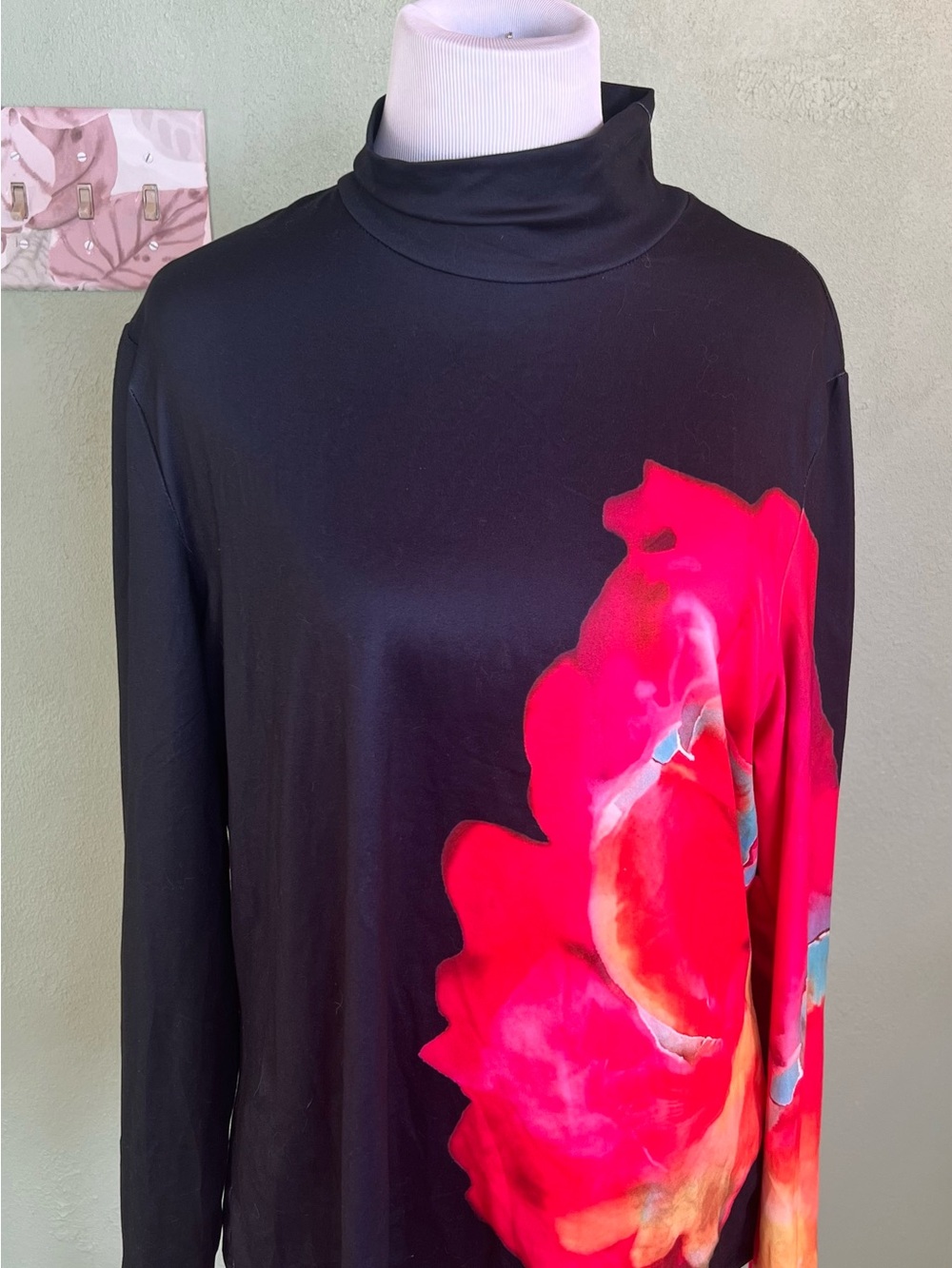 Women’s Black Turtleneck Long-Sleeve Top with Pink Floral Accent